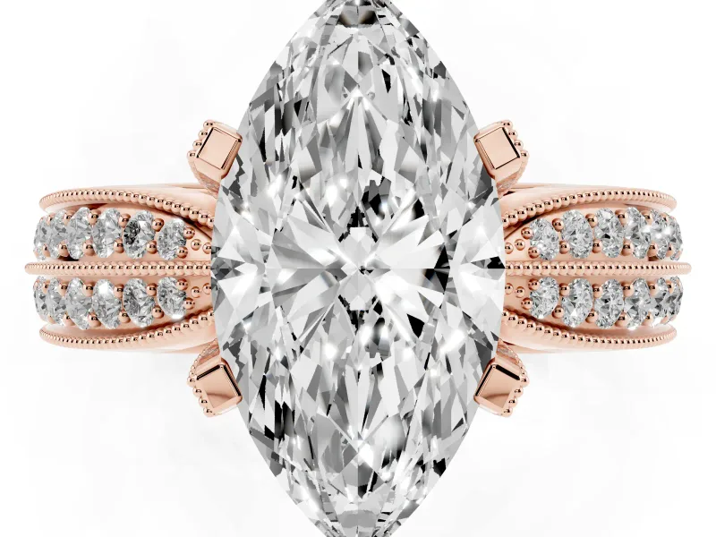 Marquise Cut Diamond Solitaire Ring Set in Rose gold with Milgrain Double Row Round Pavé Band