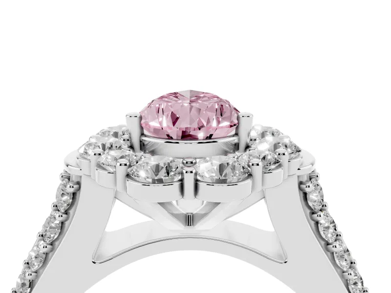 Fancy Pink Pear Cut Diamond Halo Engagement Ring Set in Platinum with Split Shank and Prong Setting