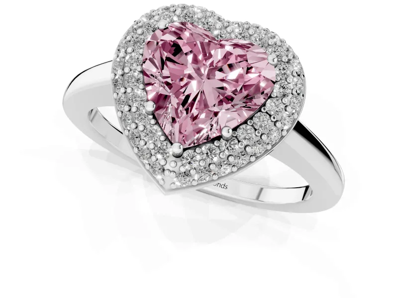 Fancy Pink Heart Cut Diamond Halo Engagement Ring Set in Silver with Solitaire Band and Prong Setting