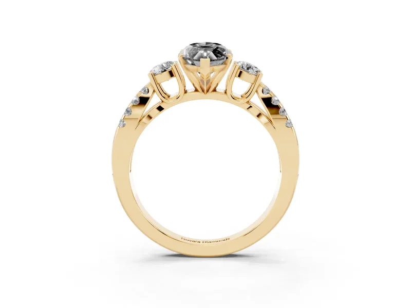 Fancy Black Marquise Cut Diamond Three-Stone Ring Set in Yellow gold with Pavé Split Shank and Prong Setting