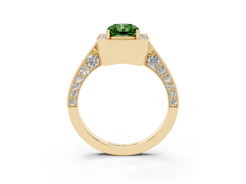 Radiant Cut Milgrain Halo Engagement Ring Setting for a Fancy Green Lab-Grown Diamond | Side Stones | Yellow Gold