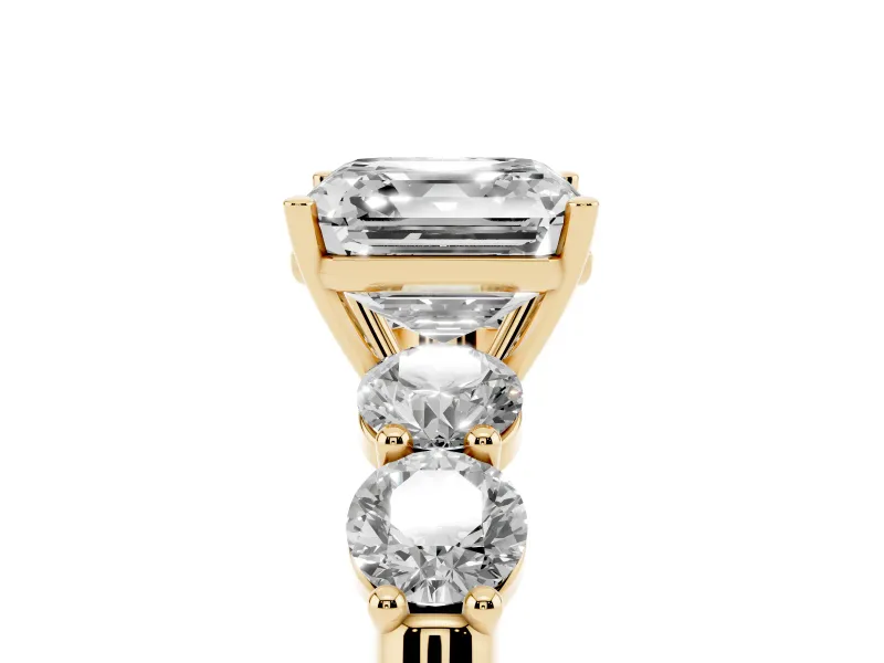 Asscher Cut Five Stone Engagement Ring Setting | Prong Set Side Stones | Yellow Gold