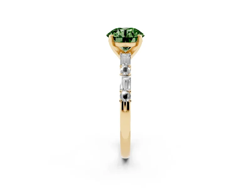 Fancy Green Round Cut Diamond Solitaire Set in Yellow gold with Side Baguettes and Channel Set Band