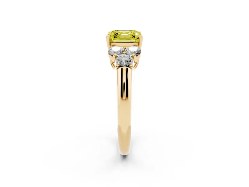 Fancy Yellow Asscher Cut Diamond Cluster Ring Set in Yellow gold with Round Accent Stones and Prong Setting on a Plain Band