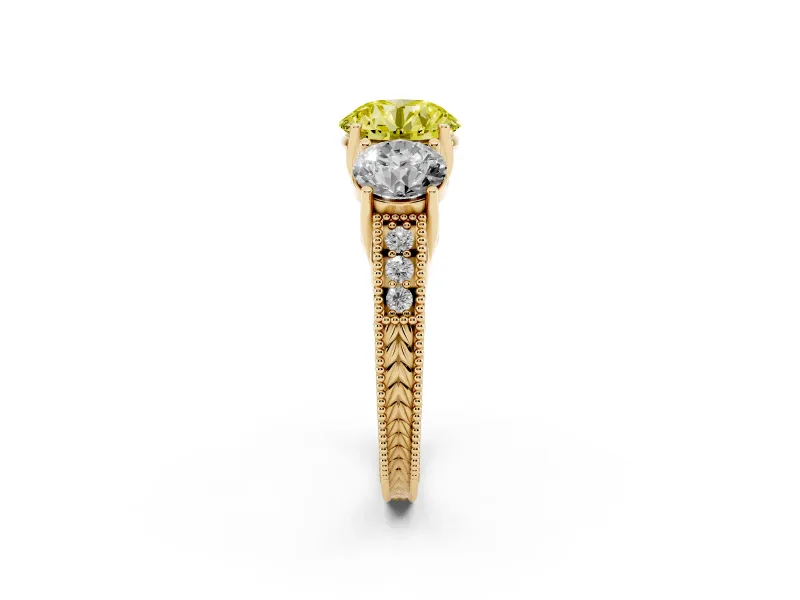 Round Vintage Three Stone Engagement Ring Setting for a Fancy Yellow Lab-Grown Diamond | Yellow Gold