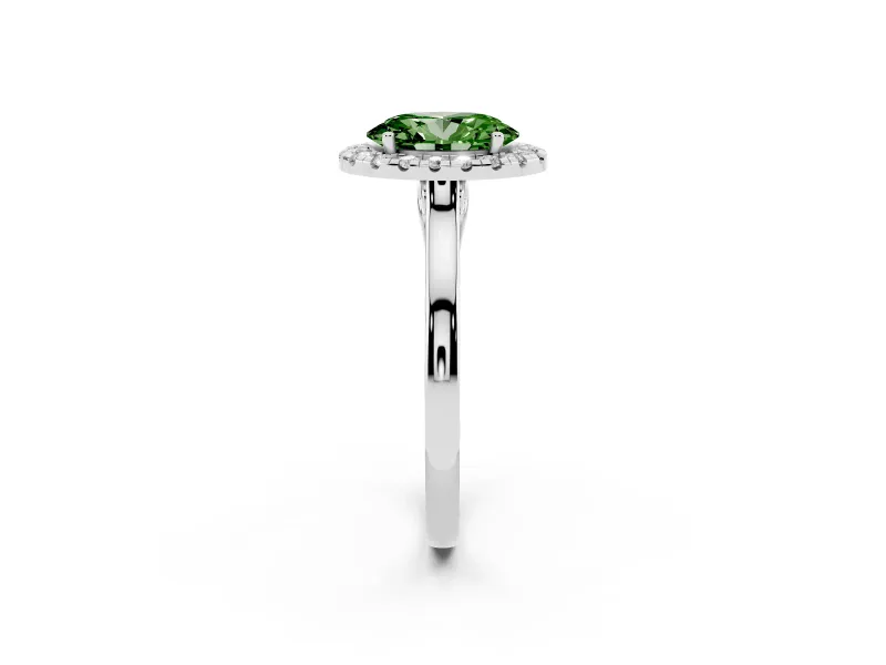 Fancy Green Oval Cut Halo Round Diamond Solitaire Ring Set in Platinum with Pavé Band and Prong Setting