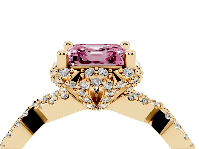 Asscher Cut Milgrain Halo Engagement Ring Setting for a Fancy Pink Lab-Grown Diamond | Graduated Shoulders | Yellow Gold