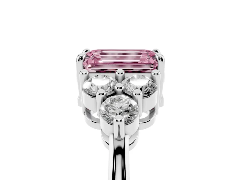 Fancy Pink Emerald Cut Diamond Solitaire Ring Set in Platinum with Cluster Accents on Each Side
