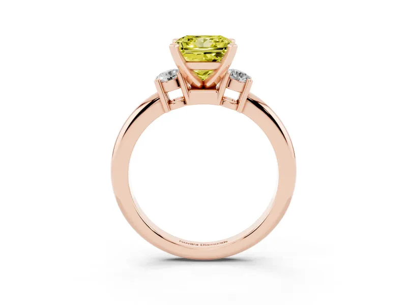 Princess Cut Three Stone Engagement Ring Setting for a Fancy Yellow Lab-Grown Diamond | Round Side Stones | Rose Gold
