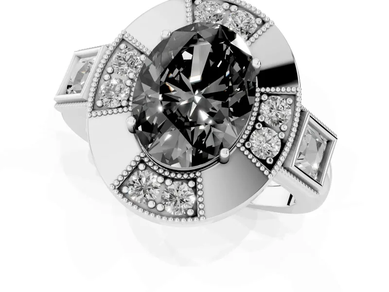 Oval Milgrain Sectioned Halo Engagement Ring Setting for a Black Center | White Gold