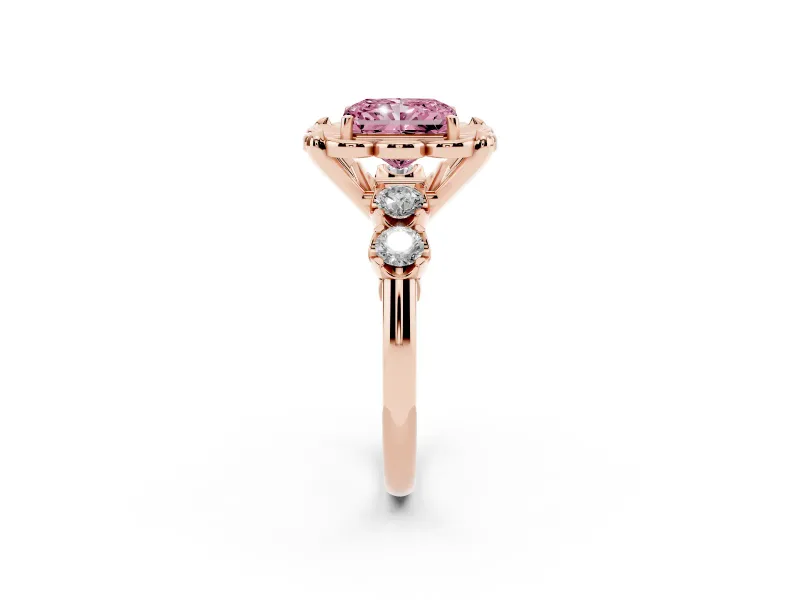 Fancy Pink Radiant Cut Diamond Floral Halo Ring Set in Rose gold with Shared Prong Band