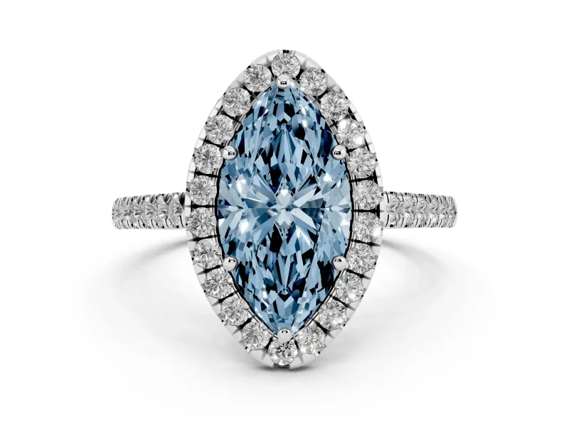 Fancy Blue Marquise Cut Diamond Halo Pavé Engagement Ring Set in White gold with Prong Setting