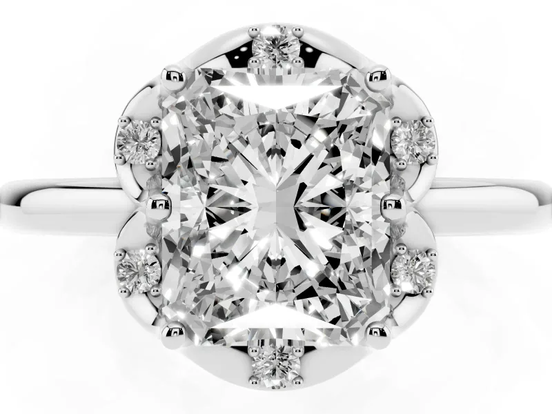 Radiant Cut Scalloped Petal Halo Engagement Ring Setting | Plain Band | White Gold