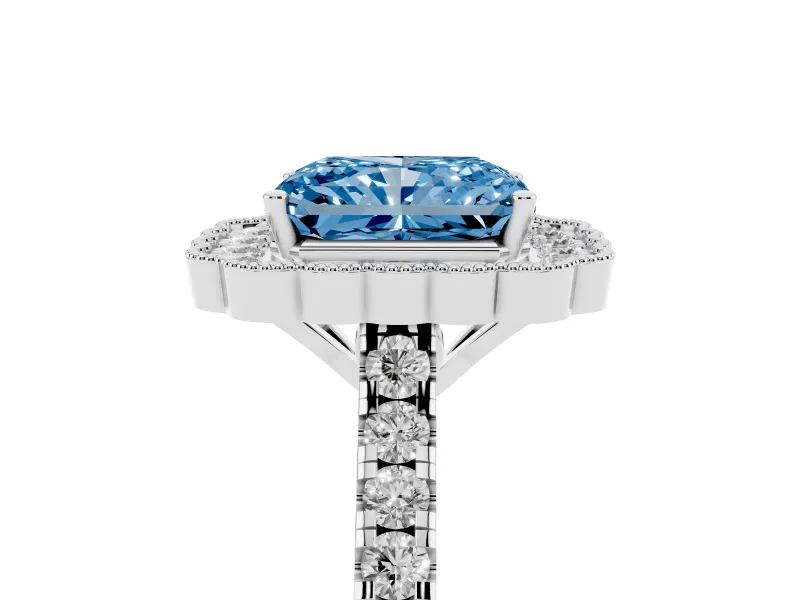 Fancy Blue Radiant Cut Diamond Milgrain Floral Halo Engagement Ring Set in Platinum with Pavé Band