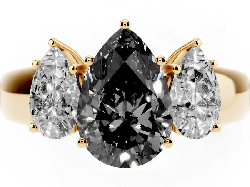 Fancy Black Three-Stone Pear Cut Diamond Ring Set in Yellow gold with Matching Prong Settings and Plain Band
