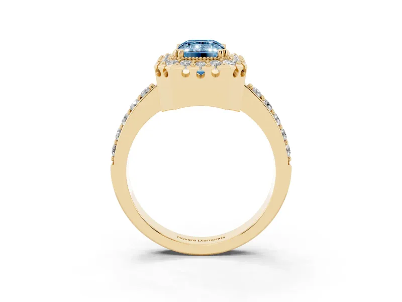 Emerald Cut Milgrain Halo Engagement Ring Setting for a Fancy Blue Lab-Grown Diamond | Pavé Shoulders | Yellow Gold