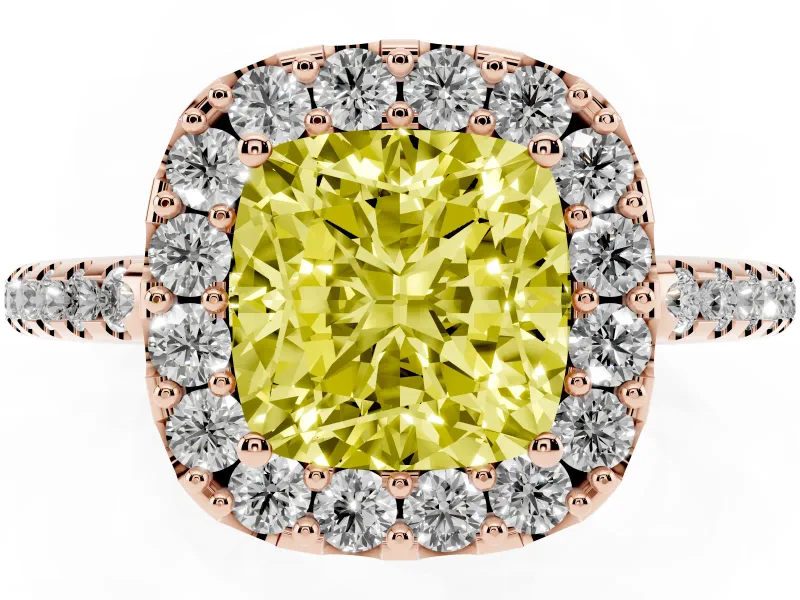 Cushion Cut Pave Halo Engagement Ring Setting for a Fancy Yellow Lab-Grown Diamond | Pave Band | Rose Gold