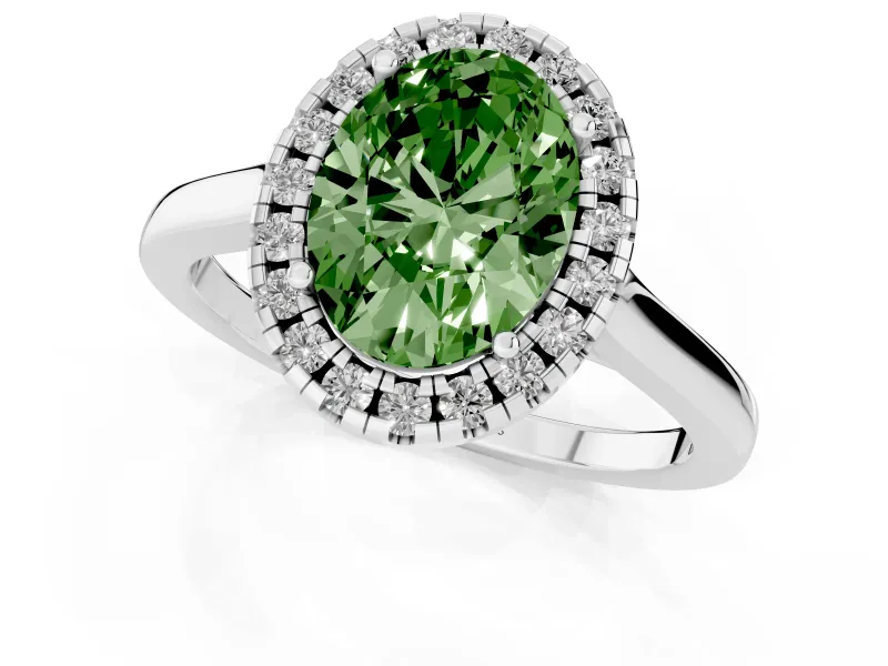 Fancy Green Oval Cut Halo Round Diamond Solitaire Ring Set in Platinum with Pavé Band and Prong Setting