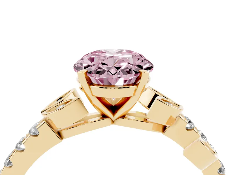 Fancy Pink Oval Cut Diamond Solitaire Leaf-Inspired Ring Set in Yellow gold with Pavé Band and Prong Setting