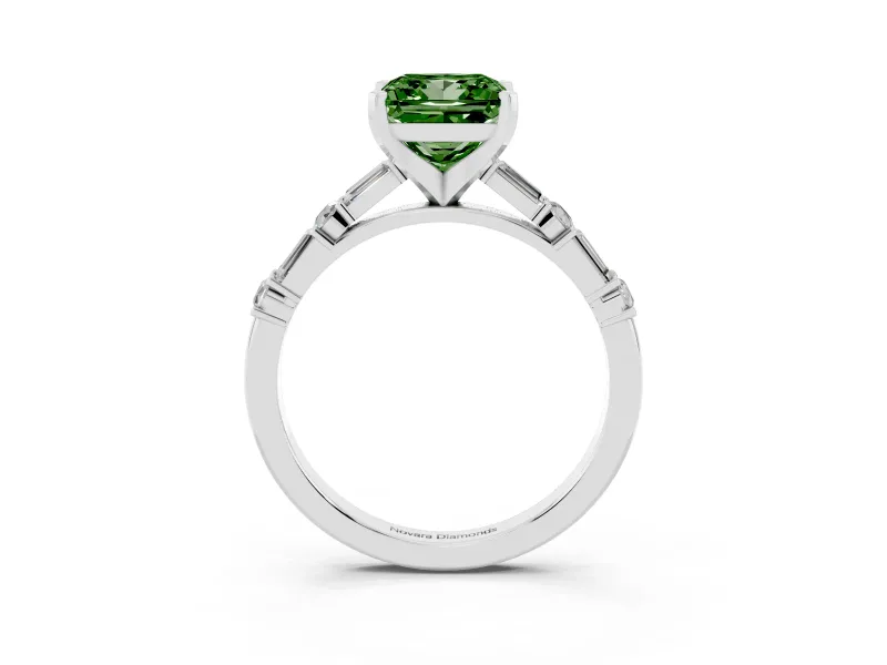 Fancy Green Princess Cut Diamond Solitaire Set in Silver with Side Baguettes and Channel Set Band