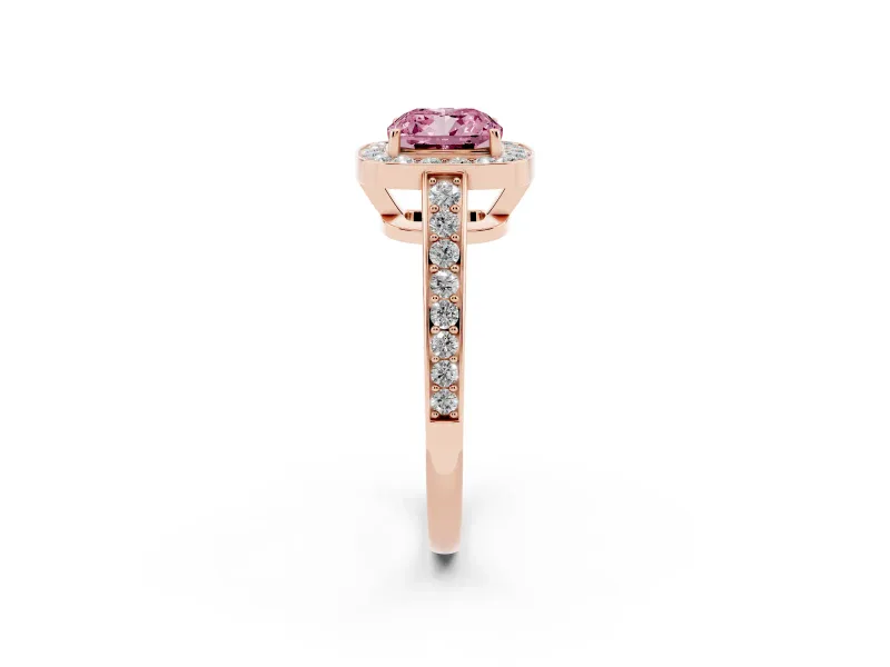 Fancy Pink Cushion Cut Diamond Halo Pavé Engagement Ring Set in Rose gold with Bezel Setting