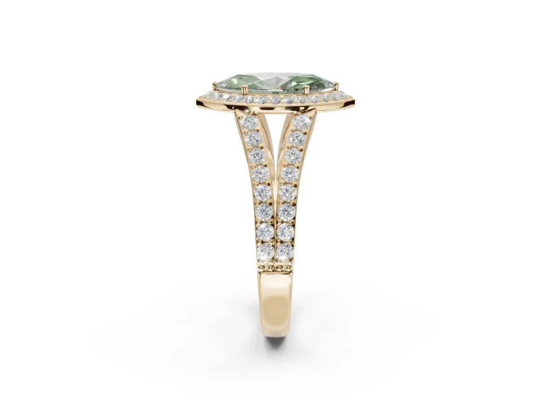 Marquise Halo Pavé Engagement Ring Setting for a Fancy Green Lab-Grown Diamond | Narrow Split Shank | Yellow Gold