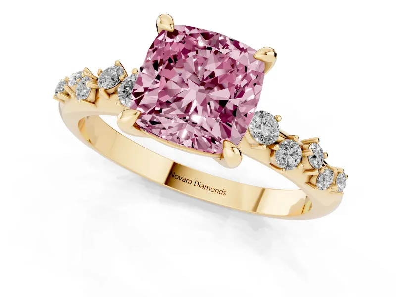 Cushion Cut Graduated Engagement Ring Setting for a Fancy Pink Lab-Grown Diamond | Yellow Gold