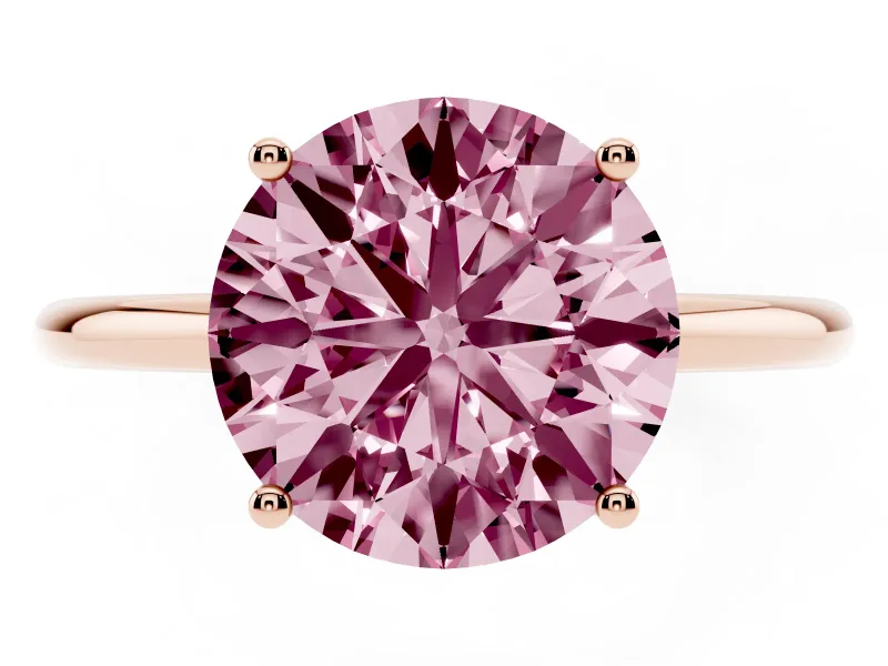 Fancy Pink Round Cut Diamond Solitaire Engagement Ring Set in Rose gold with Thin Band and Prong Setting