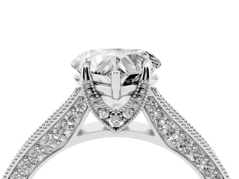 Heart-Shaped Vintage Hidden Halo Engagement Ring Setting | Milgrain Pave Band | White Gold