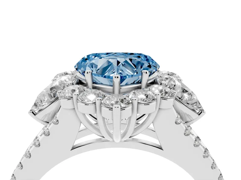 Heart-Shaped Scalloped Halo Engagement Ring Setting for a Fancy Blue Lab-Grown Diamond | Pear Side Stones | Platinum