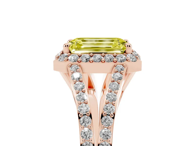 Emerald Cut Halo Engagement Ring Setting for a Fancy Yellow Lab-Grown Diamond | V-Split Pavé Band | Rose Gold