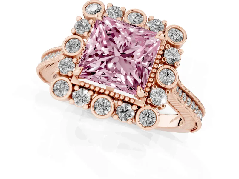 Fancy Pink Princess Cut Diamond Halo Milgrain Pavé Ring Set in Rose gold with Prong Setting