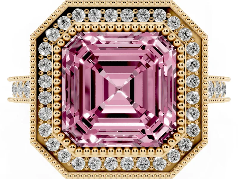 Asscher Cut Vintage Milgrain Halo Engagement Ring Setting for a Fancy Pink Lab-Grown Diamond | Bezel Head | Yellow Gold