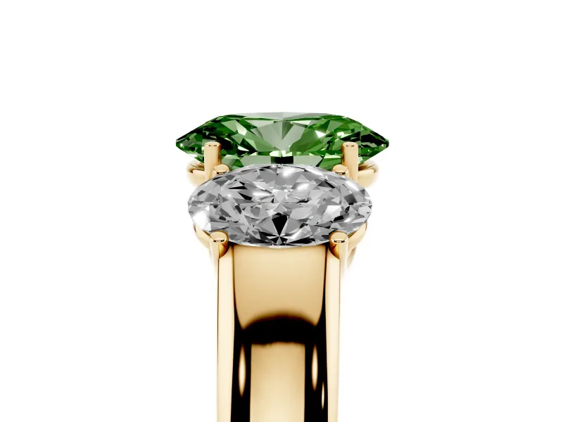 Fancy Green Three-Stone Oval Cut Diamond Ring Set in Yellow gold with Matching Prong Settings and Plain Band