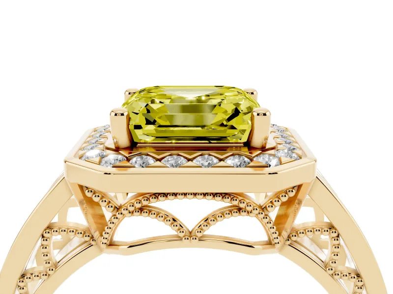 Asscher Cut Halo Engagement Ring Setting for a Fancy Yellow Lab-Grown Diamond | Channel-Set Split Shank | Yellow Gold