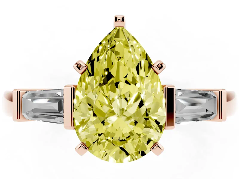 Pear-Shaped Three-Stone Engagement Ring Setting for a Fancy Yellow Lab-Grown Diamond | Tapered Baguettes | Rose Gold