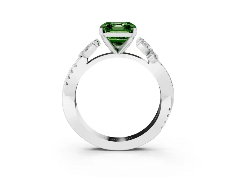 Fancy Green Asscher Cut Diamond Floral Vine Solitaire Engagement Ring Set in White gold with Marquise Leaves