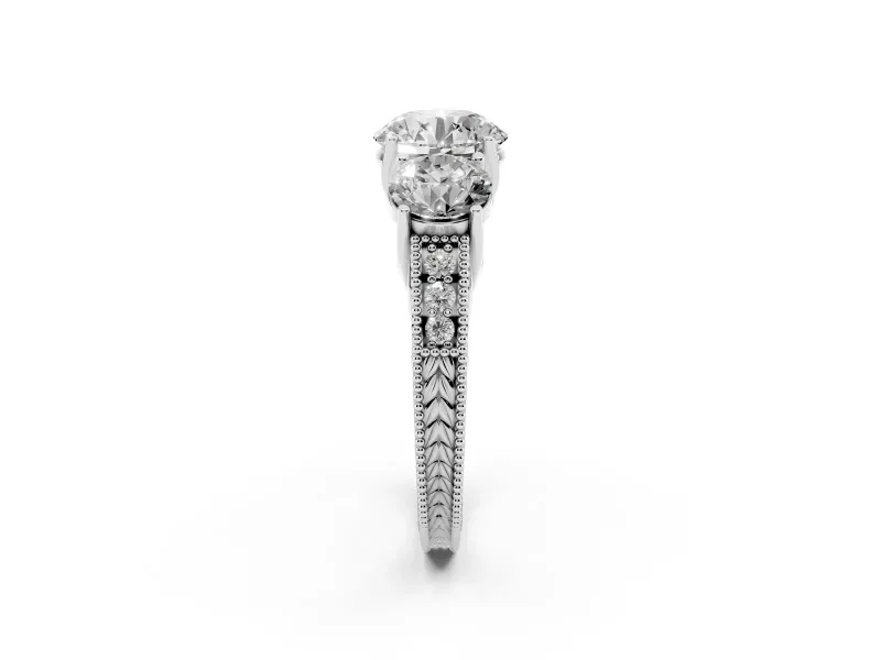 Round Vintage Three Stone Engagement Ring Setting | Milgrain Pavé Band | White Gold