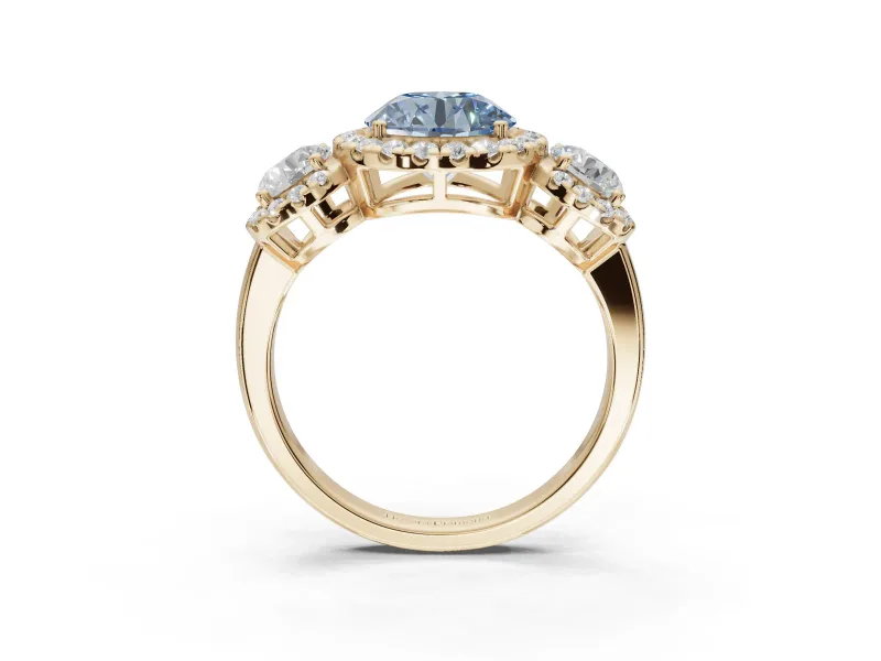 Round Three Stone Halo Engagement Ring Setting for a Fancy Blue Lab-Grown Diamond | Yellow Gold