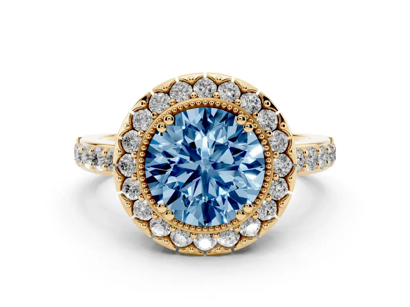 Fancy Blue Round Cut Diamond Halo Ring Set in Yellow gold with Pavé Shank and Prong Setting