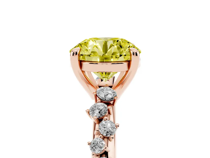 Fancy Yellow Round Cut Diamond Solitaire Vine Band Ring Set in Rose gold with Round Accents and Prong Setting