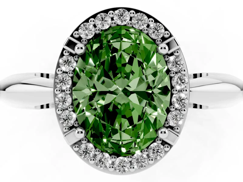 Fancy Green Oval Cut Diamond Halo Engagement Ring Set in Platinum with Plain Split Shank and Prong Setting
