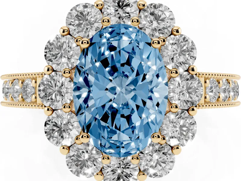 Oval Vintage Halo Engagement Ring Setting for a Fancy Blue Lab-Grown Diamond | Yellow Gold