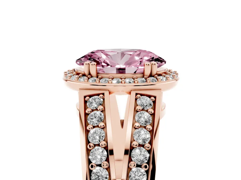 Fancy Pink Oval Cut Diamond Halo Ring Set in Rose gold with Double Pavé Split Shank