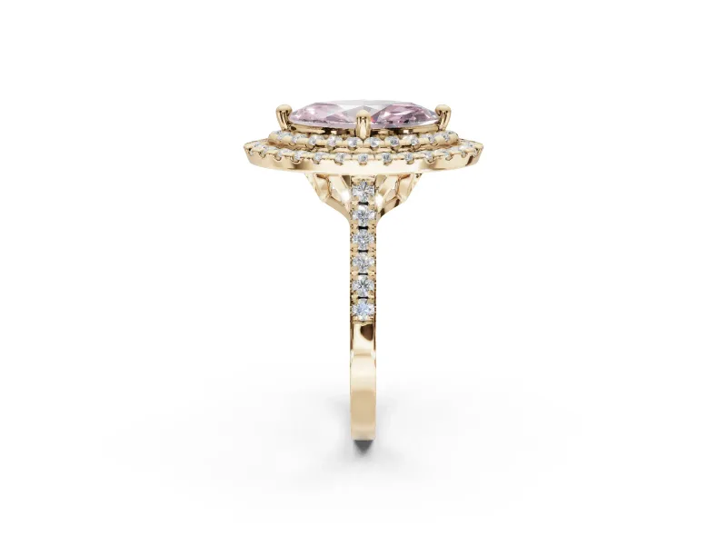 Marquise Double Halo Engagement Ring Setting for a Fancy Pink Lab-Grown Diamond | Pave Shoulders | Yellow Gold