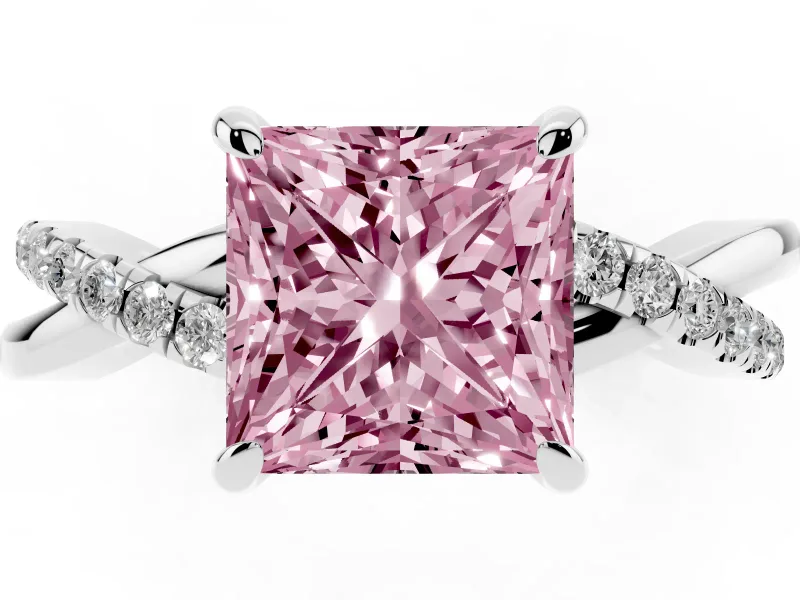 Fancy Pink Princess Cut Diamond Twist Band Solitaire Set in Platinum with Pavé Accents and Prong Setting