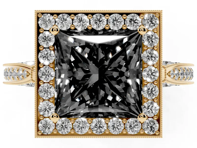 Princess Cut Milgrain Halo Engagement Ring Setting for a Black Center | Side Stones | Yellow Gold