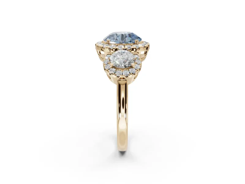 Round Three Stone Halo Engagement Ring Setting for a Fancy Blue Lab-Grown Diamond | Yellow Gold