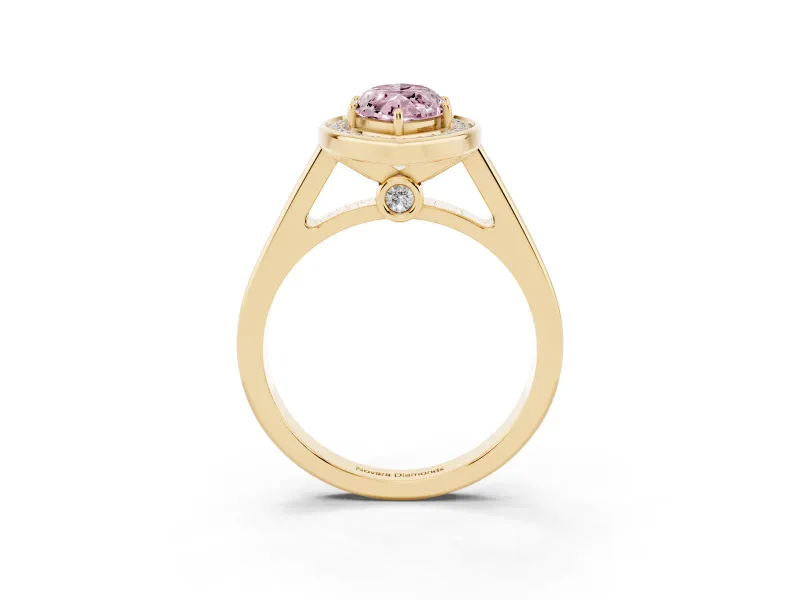 Fancy Pink Marquise Cut Diamond Halo Solitaire Ring Set in Yellow gold with Pavé Band and Bezel Setting