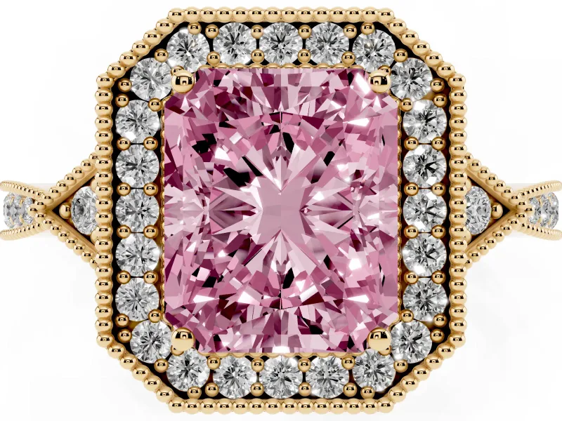 Fancy Pink Radiant Cut Diamond Halo Engagement Ring Set in Yellow gold with Milgrain Pavé Band